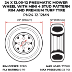 24x12.00-12 pneumatic mower wheel premium turf