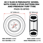 20 X 10.00-8 Pneumatic Wheel With Ford 5 Stud Pattern Rim And Premium Turf Tyre (PN20-10-8FRD) - Image 3