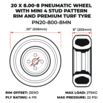 20 X 8.00-8 Pneumatic Wheel With Mini 4 Stud Pattern Rim And Premium Turf Tyre (PN20-800-8MN) - Image 3