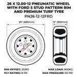 26 X 12.00-12 Pneumatic Wheel With Ford 5 Stud Pattern Rim And Premium Turf Tyre (PN26-12-12FRD) - Image 3